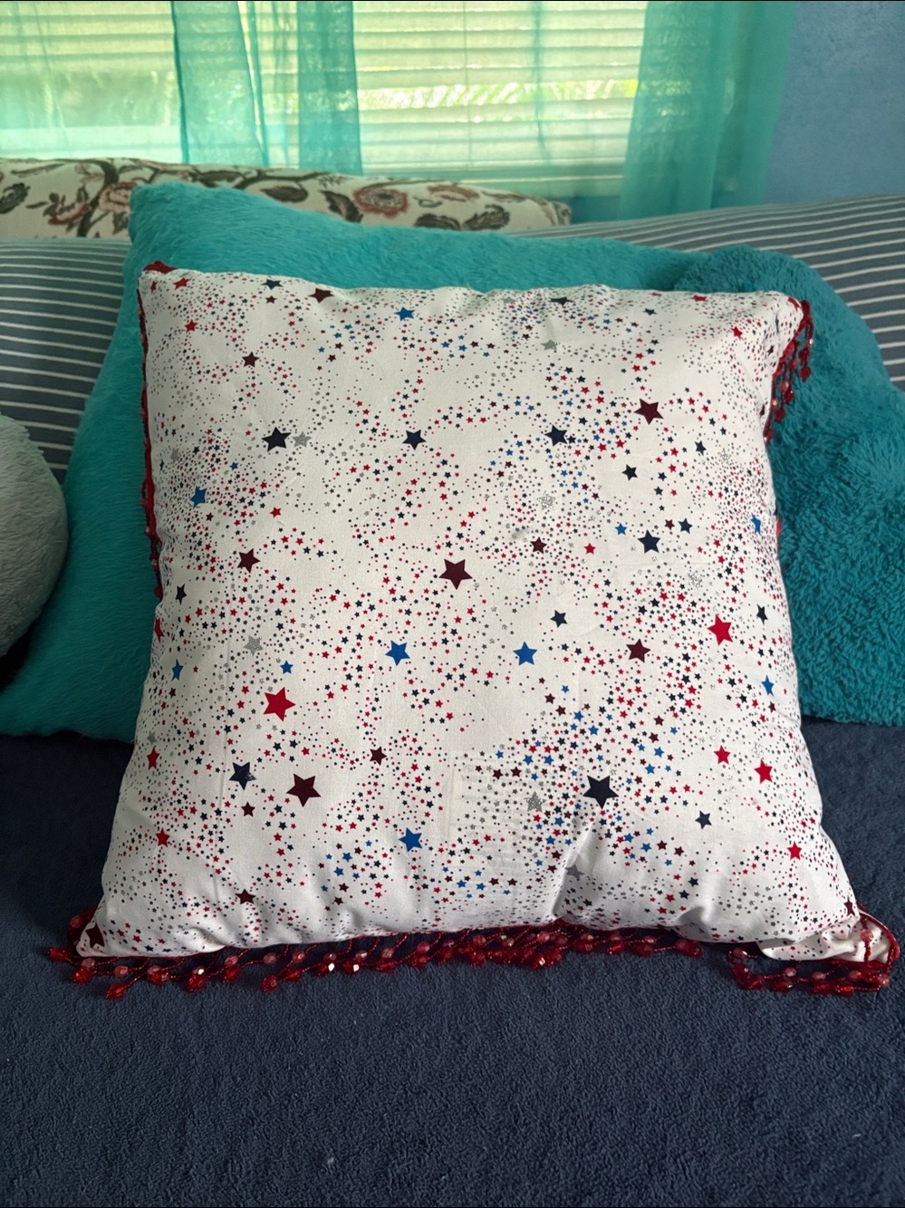 Star Print Decorative Pillow - Red, Blue, Silver Stars on white
